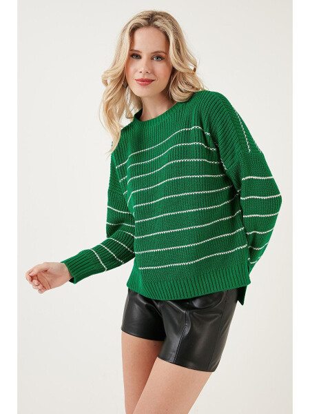 Yeşil Çizgili Arkası Uzun Bisiklet Yaka Örme Kazak 4616133-Yeşil - 8
