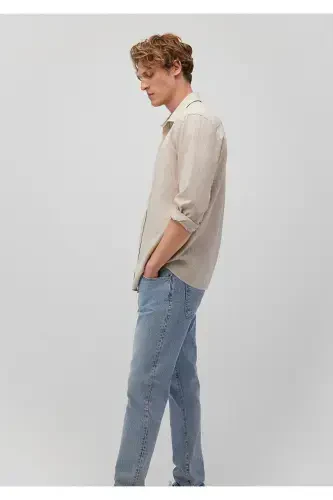 Çizgili Bej Tencel Tm Lyocell Gömlek Slim Fit / Dar Kesim 0211081-82393 - Mavi (1)