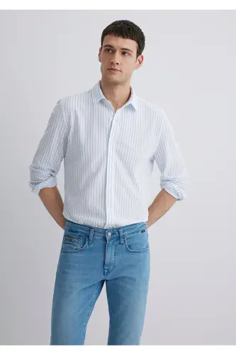 Çizgili Beyaz Gömlek Slim Fit / Dar Kesim 0211403-88654 - Mavi-88654 