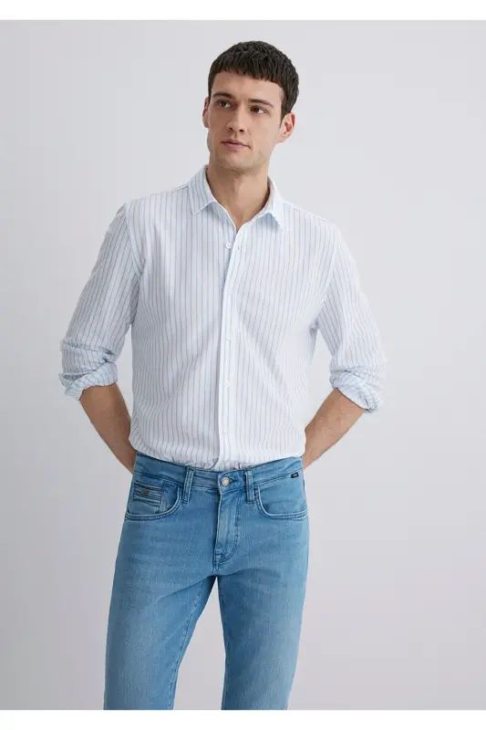 Çizgili Beyaz Gömlek Slim Fit / Dar Kesim 0211403-88654 - Mavi-88654 - MAVI