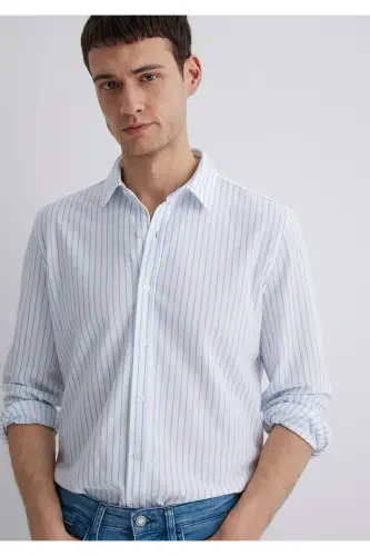 Çizgili Beyaz Gömlek Slim Fit / Dar Kesim 0211403-88654 - Mavi-88654 - 3