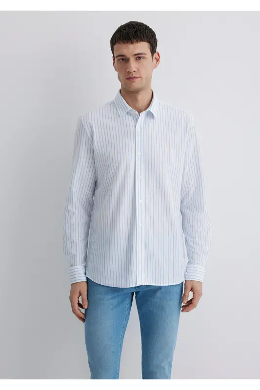Çizgili Beyaz Gömlek Slim Fit / Dar Kesim 0211403-88654 - Mavi-88654 - 4
