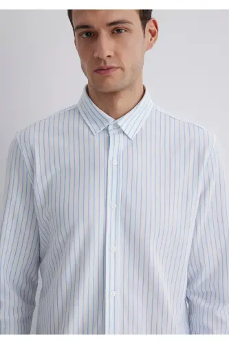 Çizgili Beyaz Gömlek Slim Fit / Dar Kesim 0211403-88654 - Mavi-88654 - 6