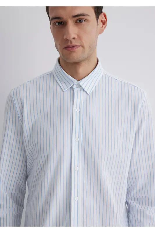 Çizgili Beyaz Gömlek Slim Fit / Dar Kesim 0211403-88654 - Mavi-88654 - 6
