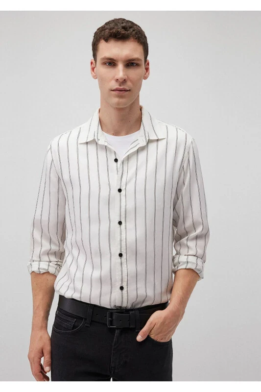 Çizgili Beyaz Tencel Tm Lyocell Gömlek Slim Fit / Dar Kesim 0211222-620 - Mavi