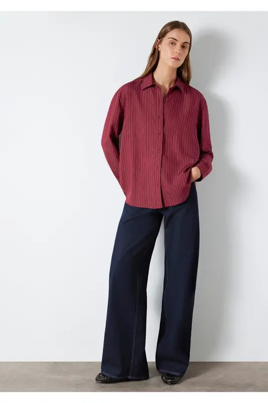 Çizgili Bordo Gömlek Loose Fit / Bol Rahat Kesim 1210683-91379-Bordo - 2