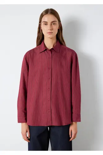 Çizgili Bordo Gömlek Loose Fit / Bol Rahat Kesim 1210683-91379-Bordo - 3