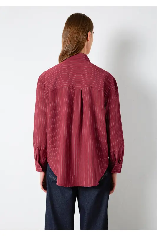 Çizgili Bordo Gömlek Loose Fit / Bol Rahat Kesim 1210683-91379-Bordo - 5