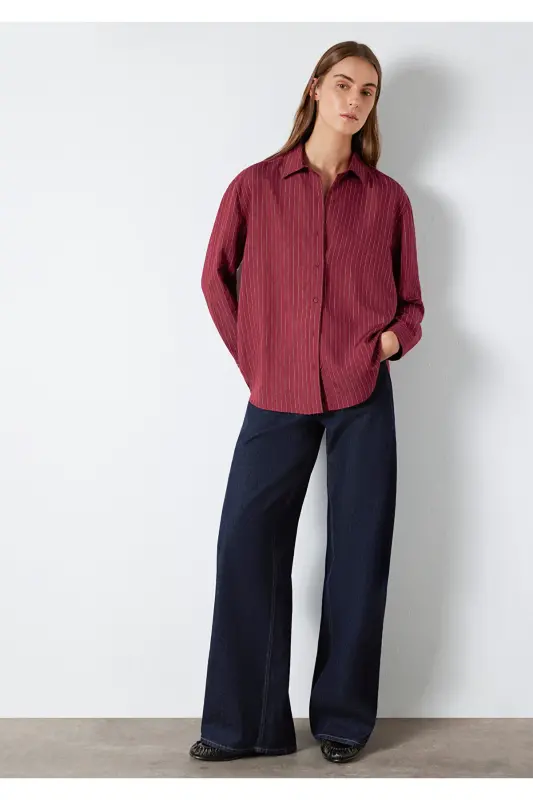 Çizgili Bordo Gömlek Loose Fit / Bol Rahat Kesim 1210683-91379 - Bordo - 2