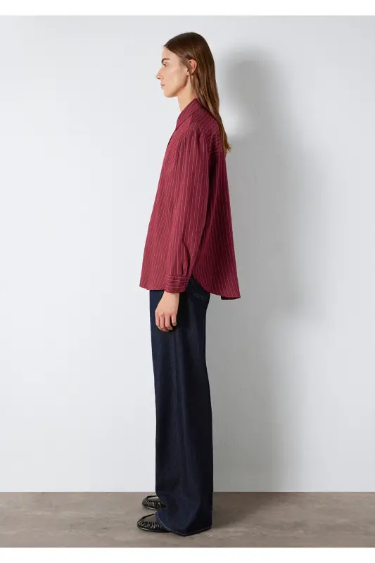 Çizgili Bordo Gömlek Loose Fit / Bol Rahat Kesim 1210683-91379 - Bordo - 4