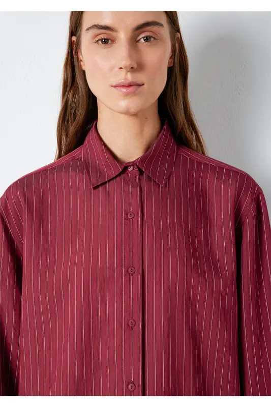 Çizgili Bordo Gömlek Loose Fit / Bol Rahat Kesim 1210683-91379 - Bordo - 6