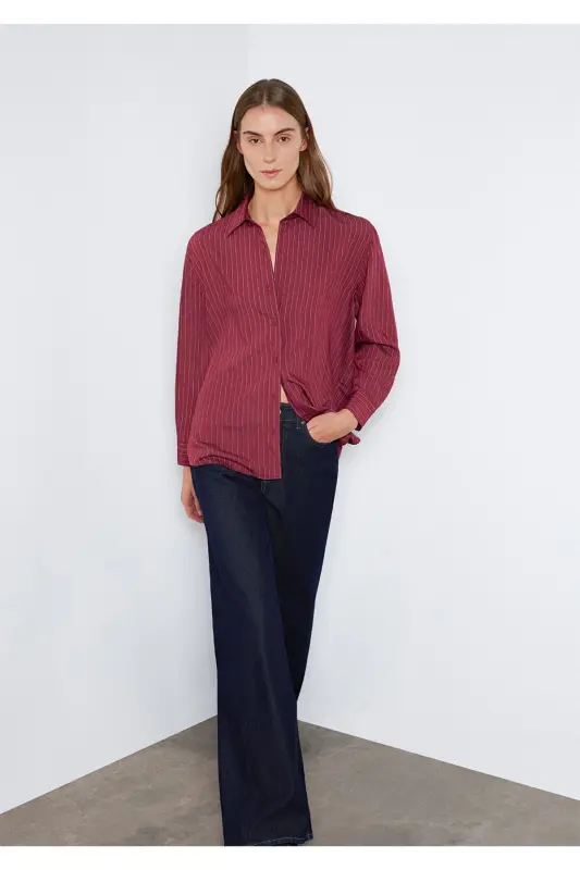 Çizgili Bordo Gömlek Loose Fit / Bol Rahat Kesim 1210683-91379-Bordo - MAVI