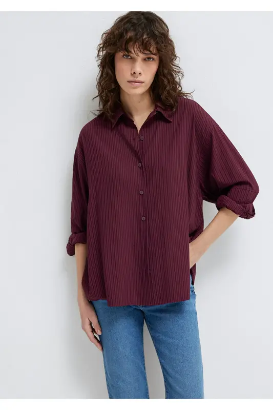 Çizgili Bordo Gömlek Oversize / Geniş Kesim 1210878-70434-Bordo - MAVI
