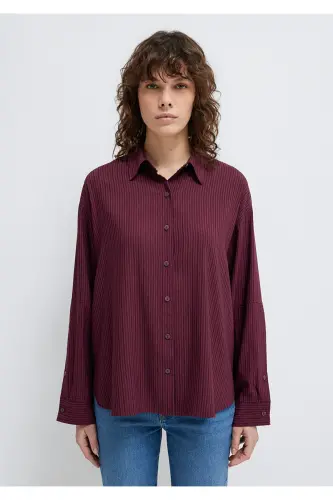 Çizgili Bordo Gömlek Oversize / Geniş Kesim 1210878-70434-Bordo - 3