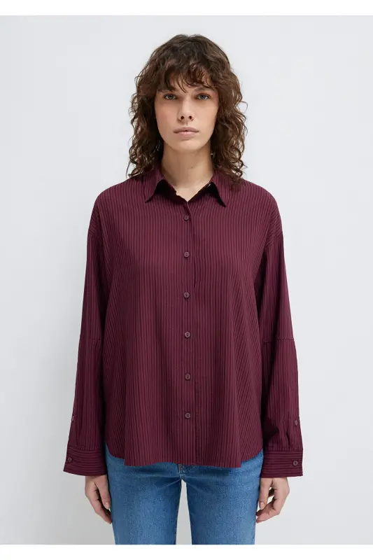 Çizgili Bordo Gömlek Oversize / Geniş Kesim 1210878-70434-Bordo - 3
