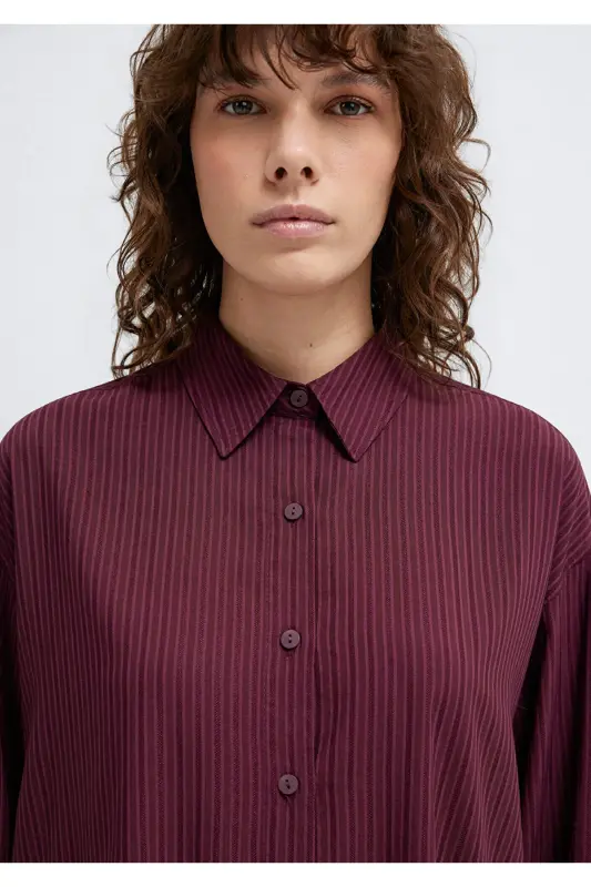 Çizgili Bordo Gömlek Oversize / Geniş Kesim 1210878-70434-Bordo - 6
