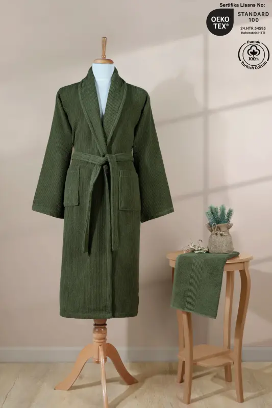 Çizgili Bornoz Seti %100 Pamuk Sertifikalı 2 Parça, Şalyaka Bornoz Ve Kafa Havlusu Takımı Koyu Yeşil-Koyu Yeşil - 1