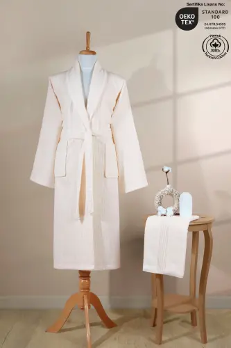 Çizgili Bornoz Seti %100 Pamuk Sertifikalı 2 Parça, Şalyaka Bornoz Ve Kafa Havlusu Takımı Krem-Krem 