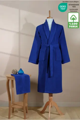 Çizgili Bornoz Seti %100 Pamuk Sertifikalı 2 Parça, Şalyaka Bornoz Ve Kafa Havlusu Takımı Lacivert-Lacivertt Rengi - 1