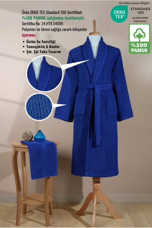 Çizgili Bornoz Seti %100 Pamuk Sertifikalı 2 Parça, Şalyaka Bornoz Ve Kafa Havlusu Takımı Lacivert-Lacivertt Rengi - 2