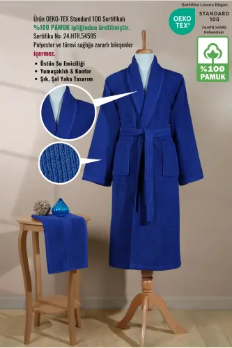 Çizgili Bornoz Seti %100 Pamuk Sertifikalı 2 Parça, Şalyaka Bornoz Ve Kafa Havlusu Takımı Lacivert-Lacivertt Rengi - ELLALINE (1)