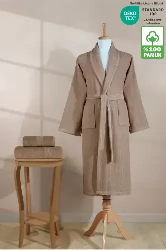 Çizgili Bornoz Seti %100 Pamuk Sertifikalı 3 Parça Şalyaka Bornoz Ve Baş Havlusu Takımı Kahverengi-Kahverengi - 2