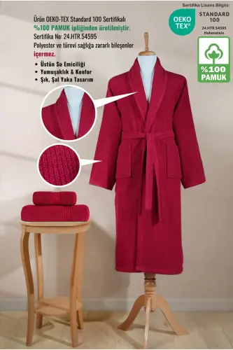 Çizgili Bornoz Seti %100 Pamuk Sertifikalı 3 Parça Şalyaka Bornoz ve Havlular Takımı Bordo-Bordo Rengi - 2