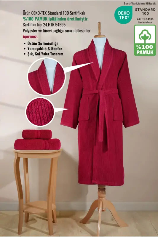 Çizgili Bornoz Seti %100 Pamuk Sertifikalı 3 Parça Şalyaka Bornoz ve Havlular Takımı Bordo-Bordo Rengi - 2