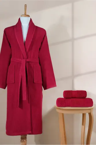 Çizgili Bornoz Seti %100 Pamuk Sertifikalı 3 Parça Şalyaka Bornoz ve Havlular Takımı Bordo-Bordo Rengi - 4