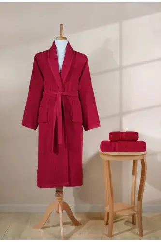 Çizgili Bornoz Seti %100 Pamuk Sertifikalı 3 Parça Şalyaka Bornoz ve Havlular Takımı Bordo-Bordo Rengi - 5