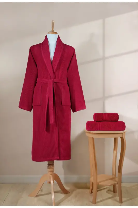 Çizgili Bornoz Seti %100 Pamuk Sertifikalı 3 Parça Şalyaka Bornoz ve Havlular Takımı Bordo-Bordo Rengi - 5