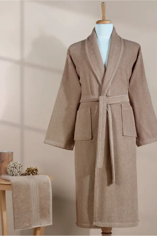 Çizgili Bornoz Seti %100 Pamuk Sertifikalı, Unisex, Şalyaka Çizgili Tasarım Bornoz Kafa Havlusu-Kahverengi - 4