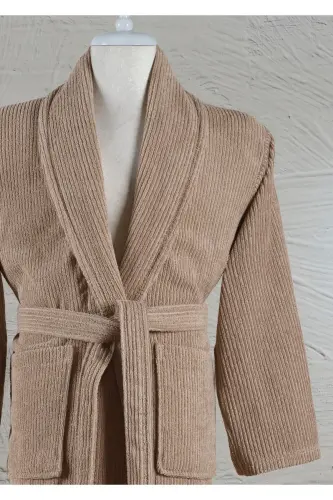 Çizgili Bornoz Seti %100 Pamuk Sertifikalı, Unisex, Şalyaka Çizgili Tasarım Bornoz Kafa Havlusu - Kahverengi - ELLALINE (1)