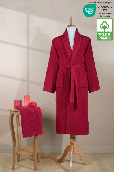 Çizgili Bornoz Seti %100 Pamuk Sertifikalı 2 Parça, Şalyaka Bornoz Ve Kafa Havlusu Takımı Bordo-Bordo - ELLALINE