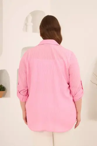 Çizgili Büyük Beden Gömlek Pembe - 4