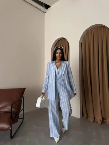 ÇİZGİLİ CEKET KETEN - Mavi - BÜYÜKBEDENIZ (1)