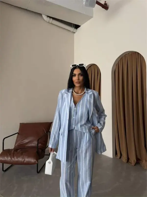 ÇİZGİLİ CEKET KETEN - Mavi - 1