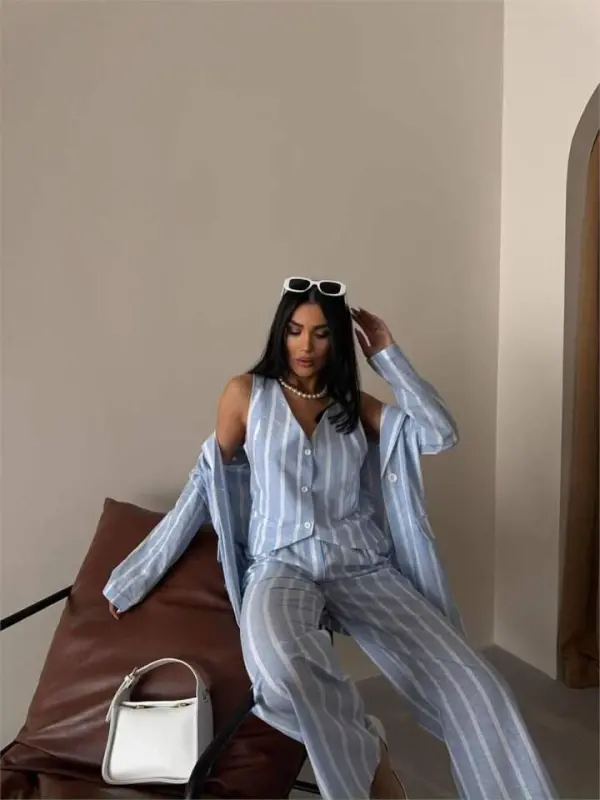 ÇİZGİLİ CEKET KETEN - Mavi - 3