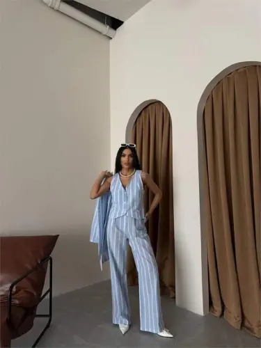 ÇİZGİLİ CEKET KETEN - Mavi - 4