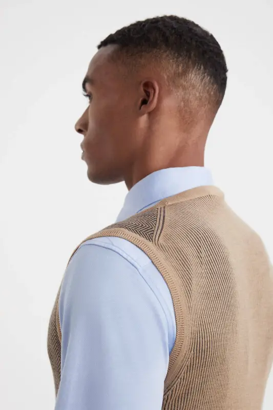 Çİzgi Desenli Camel Merino Yün Triko Yelek - CAMEL - 3