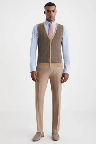 Çİzgi Desenli Camel Merino Yün Triko Yelek - CAMEL - 6