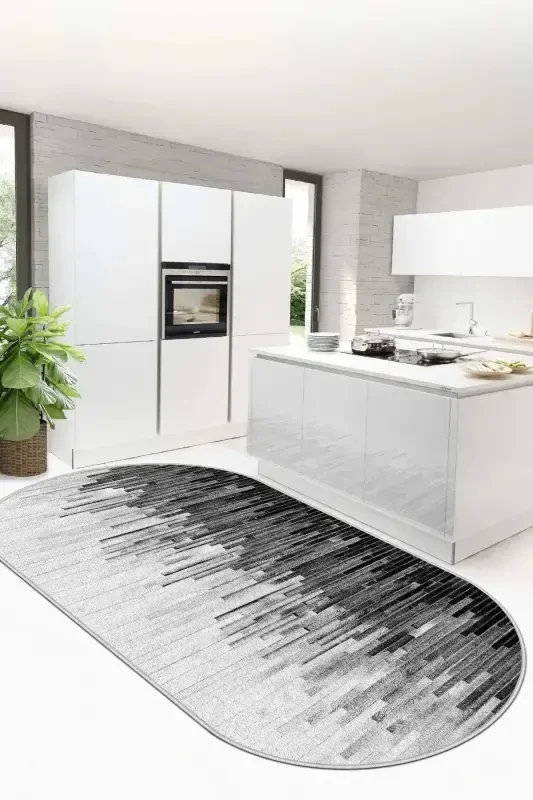 Çizgili Dijital Baskı Yıkanabilir Kaymaz Taban Dedoratif İnce Salon Halısı Mutfak Halısı ve Yolluk-gri - HÜLYA HOME