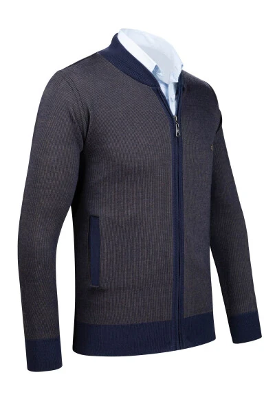 Çizgi Triko Erkek Triko Ceket Fermuarlı Cep Detaylı Desenli Kol Ve Bel Lastikli Çelik Örgü - 5015K-Lacivert - Çizgi Triko (1)