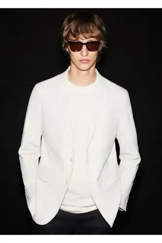 Çizgili gofre pamuklu slim fit blazer ceket - 8