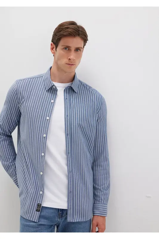 Çizgili Gömlek Slim Fit / Dar Kesim 0211404-91333 - Mavi-91333 - 1