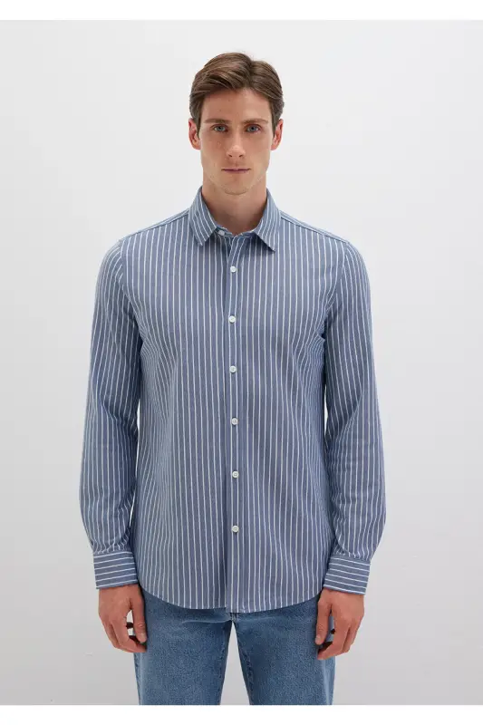 Çizgili Gömlek Slim Fit / Dar Kesim 0211404-91333 - Mavi-91333 - 3
