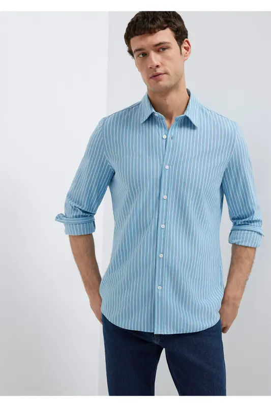 Çizgili Gömlek Slim Fit / Dar Kesim 0211404-91579-Mavi - 1