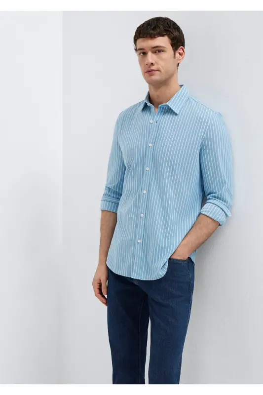 Çizgili Gömlek Slim Fit / Dar Kesim 0211404-91579-Mavi - 2