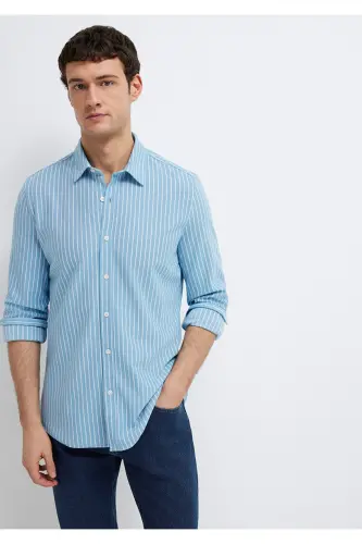 Çizgili Gömlek Slim Fit / Dar Kesim 0211404-91579-Mavi - 3