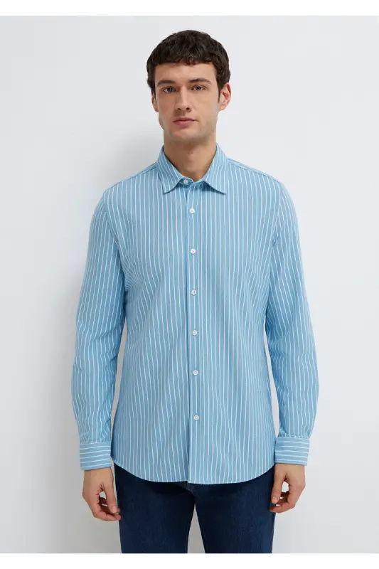 Çizgili Gömlek Slim Fit / Dar Kesim 0211404-91579-Mavi - 4